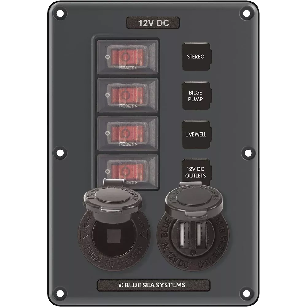 Blue Sea 4321 Circuit Breaker Switch Panel 4 Position - Gray w/12V SocketDual USB [4321]
